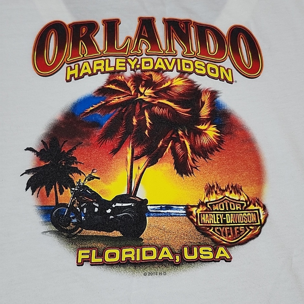 HARLEY DAVIDSON 2014 ORLANDO FLORIDA BAR & SHEILD FLAMES V-NECK TEE-SHIRT
